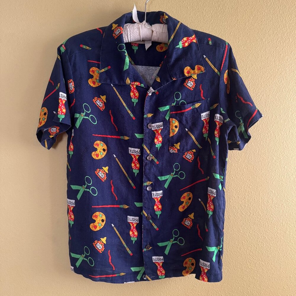 Fashion Brand Company Navy Button-Down Shirt with Colorful Art Tools Print